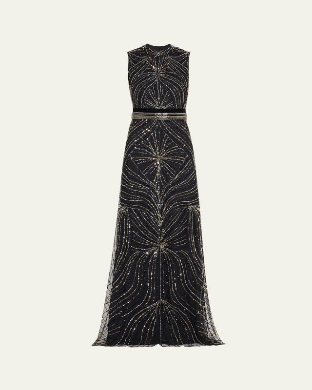 Sequined Back-Cutout Sleeveless Gown